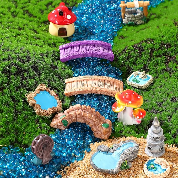 Unittype 19 Pcs Gnome Garden Accessories Tiny Fairy Gnome Figurines Miniature Bridge Mushroom Lighthouse Water Well Pond Resin Garden Decorations Miniature Figurines for Craft
