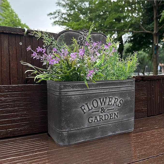 CVHOMEDECO. Farmhouse Metal Wall Planter Rustic Galvanized Flower Holder Wall Mount Flower pots for Indoor, Outdoor and Wall Decor, Set of 2 (Matt Black)