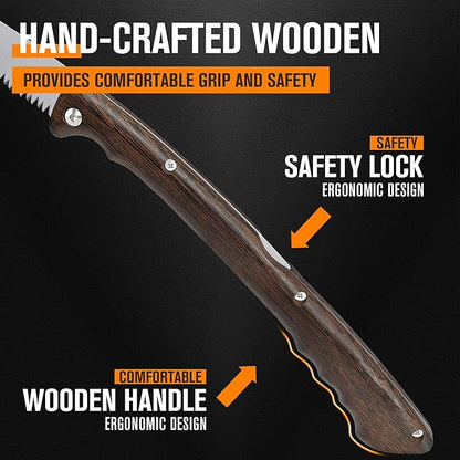Folding Pruning Saw 7 Inch with Leather Sheath and Wenge Wooden Handle, SK5 Steel Blade, Foldable Hand Saw for Camping, Survival, Wood Cutting, Bushcraft and Tree Trimming