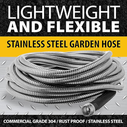Bionic Steel 25 Ft Metal Garden Hose with Nozzle, 25Ft x 5/8 In. Premium 304 Stainless Steel Metal Water Hose, Flexible Non Kinking, Lightweight, Heavy Duty, for Yard, Outdoor