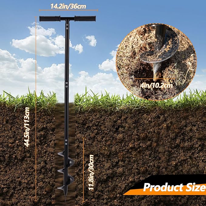2 in 1 Hand Auger Spiral Drill for Planting, 4 X 44.5inch Post Hole Digger Manual Auger for Fence Posts, Sand, Bulb, Seedlings, Tree, Mail Box, Manual Garden Spiral Hole Digging Drill with Non-Slip.