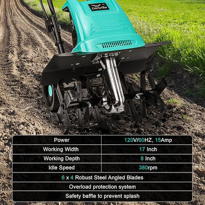 Tiller Cultivator 17 inch 15 Amp 6 Steel Tines Tillers for Gardening Electric Rototiller for Garden Yard
