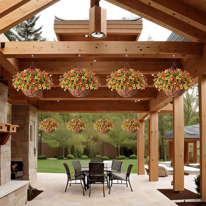 Fake Mums Artificial Fall Flowers with Hanging Baskets Outdoors for Decoration Faux mums for outdoor planters Daisy Flower with Eucalyptus Leaves for Porch Home Patio Balcony and Yard Autumn Decor