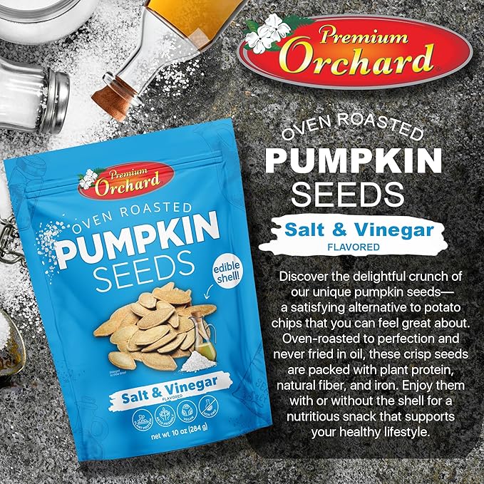 PREMIUM ORCHARD Flavored Pumpkin Seeds Oven Roasted | Salt and Vinegar| High Protein Snacks for Kids and Adults | Vegan Snack | Non GMO | KETO