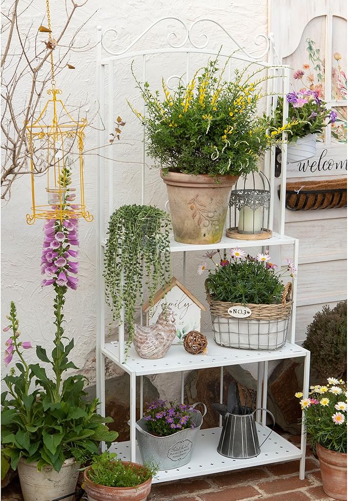 White 3-Layer Floral Plant Stand, French Style Tiered Shelf for Succulents Herbs, Ornate Iron Plant Display for Living Room Garden Decor