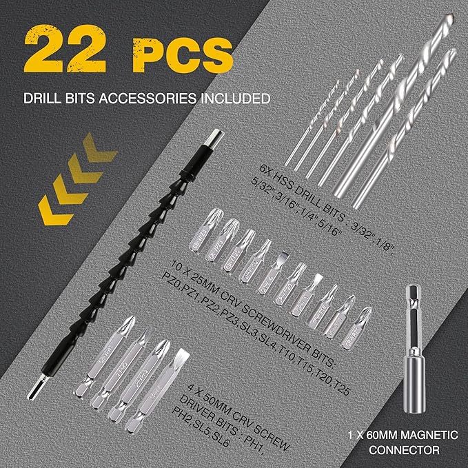 RIDA Cordless Drill Power Drill Cordless 20V 1/2'' Keyless Metal Chuck 355 In-lb(40N.m) Torque with 2.0AH Li-ion Battery & Fast Charger, Variable Speed, 25+1 Position and 22pcs Bits
