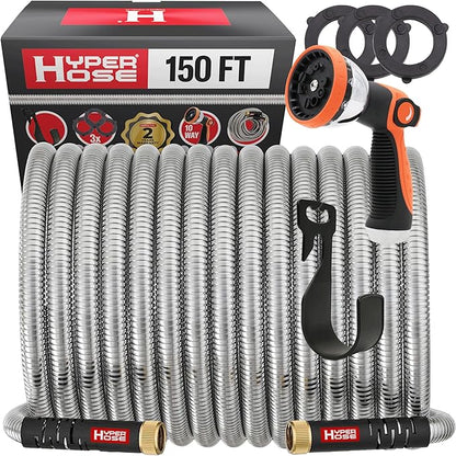 Best 150 ft Metal Garden Hose Set - No-Kink Durable 316 Stainless Steel, 10-Way Zync Spray Nozzle & Hook – Tough Flexible Heavy Duty Water Hoses, Naval Brass, Rust, Weather, LeakProof