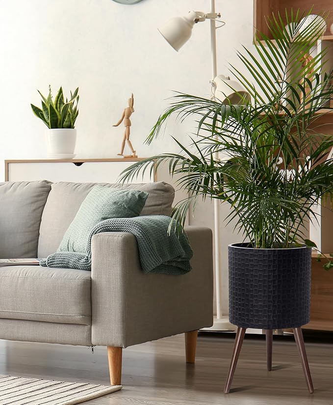 D'vine Dev 14 Inch Modern Geometric Tile Patterned Sleek Planter Pot with Stand, Indoor Outdoor Decorative Plant Holder, Distressed Black, 88-Z-D-5