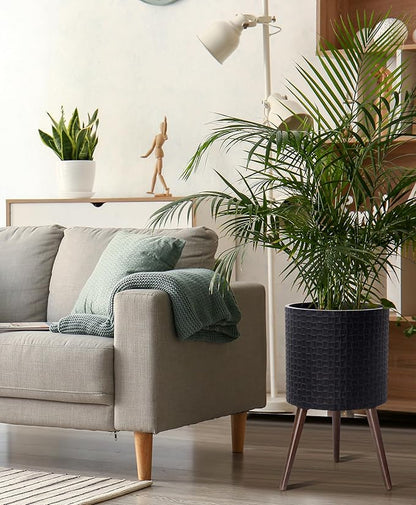 D'vine Dev 14 Inch Modern Geometric Tile Patterned Sleek Planter Pot with Stand, Indoor Outdoor Decorative Plant Holder, Distressed Black, 88-Z-D-5