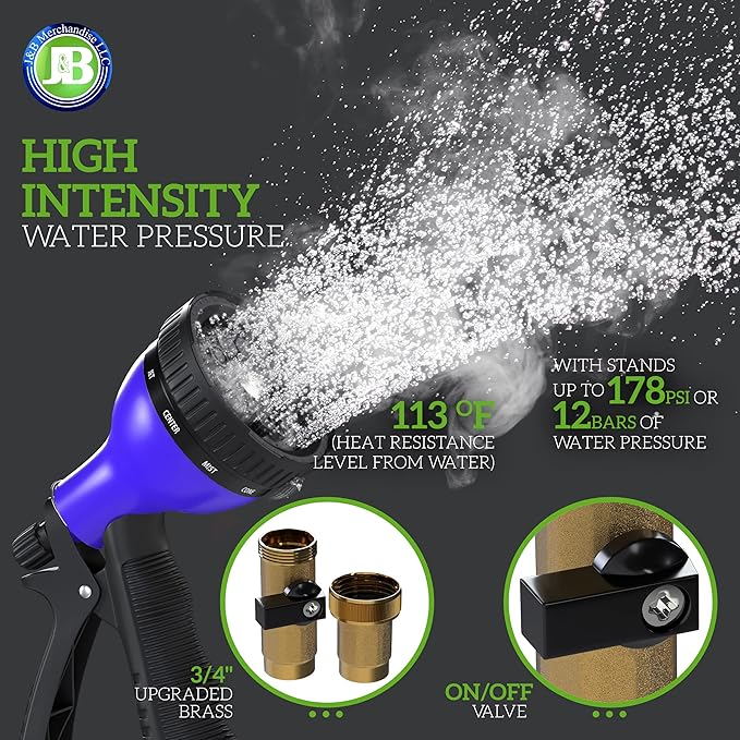 J&B XpandaHose 75ft Expandable Garden Hose – Ultra-Strong 3750D, 4-Layer Latex Core, Brass 3/4" Connectors, 10-Pattern Nozzle & Storage Bag – Lightweight, Kink-Reducing, Leak-Resistant