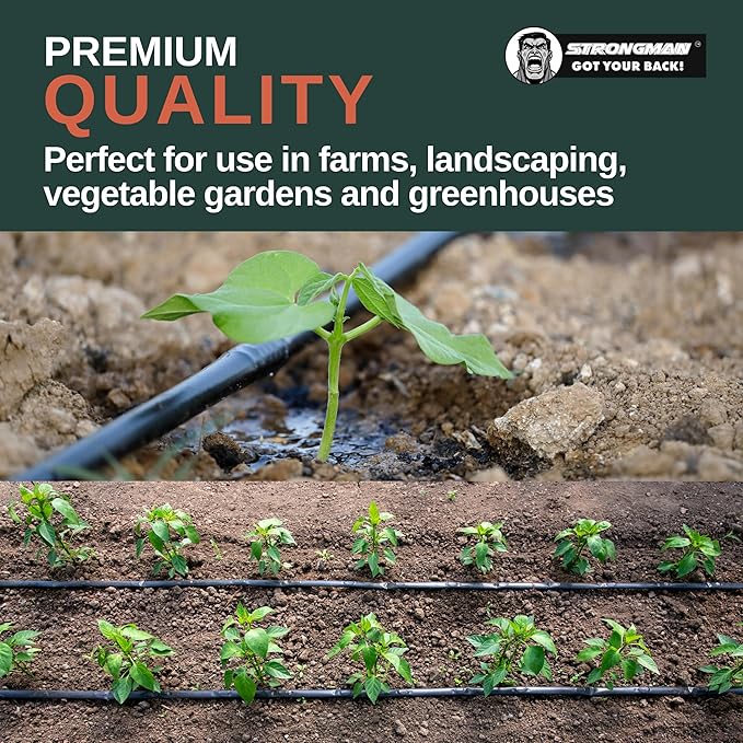 Strongman Premium Drip Irrigation | 1640 ft 5/8" Tape Roll | Smart Regulator | Garden Drip Watering System for Plants, Lawn, Greenhouse | 0.26 GPH | 0.4mm Thickness