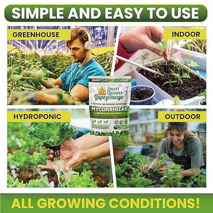 Mycorrhizal Fungi with Beneficial Bacteria, Trichoderma, Sea Kelp, Molasses, Yucca, Smart Grower Supercharge Plant Root Enhancer 2oz Super Concentrate Powder Makes 25 Gallons
