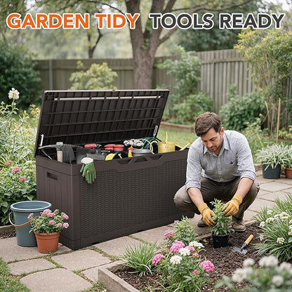 110 Gallon Deck Box Outdoor Indoor Waterproof Storage Box for Patio Furniture, Pool Accessories, Garden Tools, and Cushion Storage, Brown