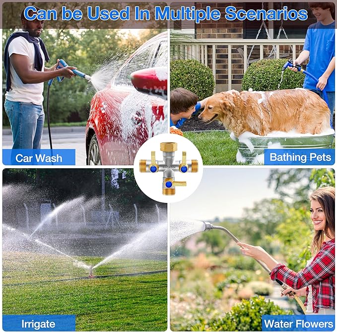 Brass Garden Hose Splitter, 3 Way Hose Splitter, Outdoor Hose Splitter, GHT 3/4 In, Female Inlet And 3 Way 3/4 In (Increase Flow Style) (silver)