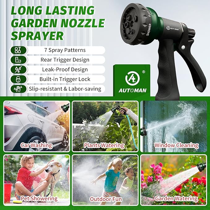 AUTOMAN Garden Hose Nozzle, Water Sprayer Nozzle with 7 Adjustable Watering Patterns,Slip Resistant Nozzle for Plants,Lawn,Washing Cars,Window Cleaning,Showering Pets & Outdoor Fun.