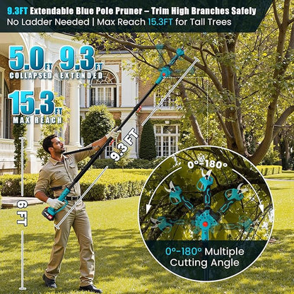ANBULL 2-in-1 Pole Pruning Shears Cordless, 1.6" Cutting Diameter Cordless Pruner with 15.3FT Reach Extension Pole, Brushless Motor, 2×21V 4.0Ah Battery Powered Pole Pruner for Tree Trimming Garden