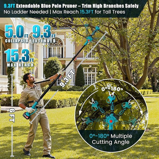 ANBULL 2-in-1 Pole Pruning Shears Cordless, 1.6" Cutting Diameter Cordless Pruner with 15.3FT Reach Extension Pole, Brushless Motor, 2×21V 4.0Ah Battery Powered Pole Pruner for Tree Trimming Garden