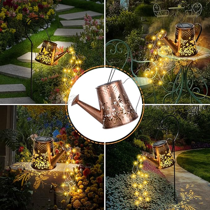 Fohil Solar Watering Can with Lights, Retro Metal Solar Garden Lights Outdoor, Waterproof Hanging Solar Powered Lantern Garden Decorations for Porch Lawn Driveway Backyard Pathway