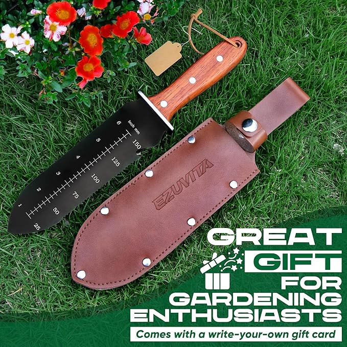 Hori Hori Garden Knife, Gardening Tools with Leather Sheath for Weeding, Gardening, Digging, 7” Stainless Steel Blade with Black Electrophoresis Coating, Double Cutting Edge, Full Tang Wood Handle with Hanging Hole