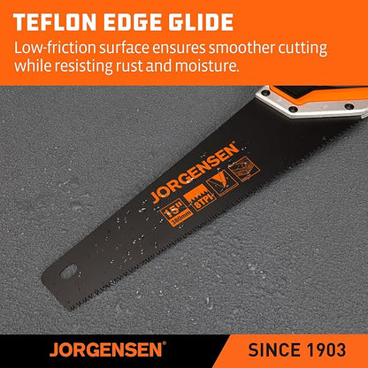 JORGENSEN 15” Hand Saw, Black Coated Coarse Handsaw 8TPI for Wood Cutting, Ergonomic Non-Slip Aluminum Handle for Sawing, Trimming, Gardening, Pruning, PVC