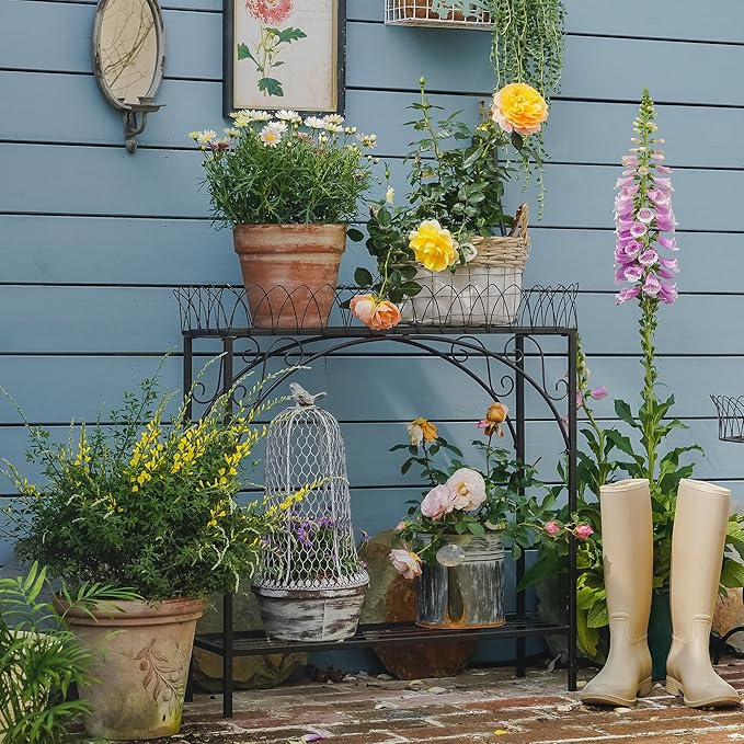 Black Long Double-Layer Plant Shelf, French Courtyard Style Metal Stand for Tall Potted Plants, Sturdy Indoor Outdoor Planter Holder Garden Decor