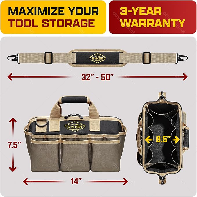 The Ryker Heavy Duty Tool Bags for Men/Women. 14 Inch Small Wide Mouth Mechanic/plumber/Contractor/Electrician Tool Bag Organizer 22Pockets Soft Portable Tools Bags Organizer Toolbag for plumbing