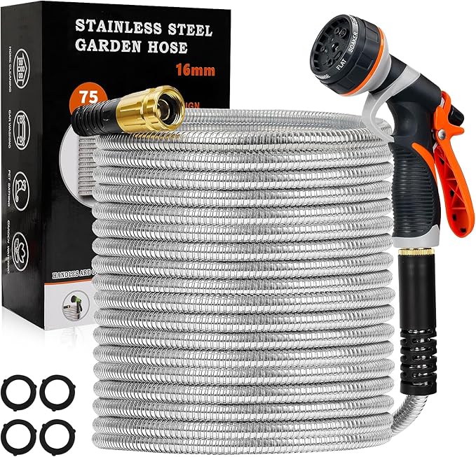 Metal Garden Hose 75FT Heavy Duty Lightweight 304 with Brass Nozzle,Durable Fittings,No Kink & Tangle,Puncture Resistant,Easy to Use & Store for RV,Outdoor, Yard,Ligh (75ft)