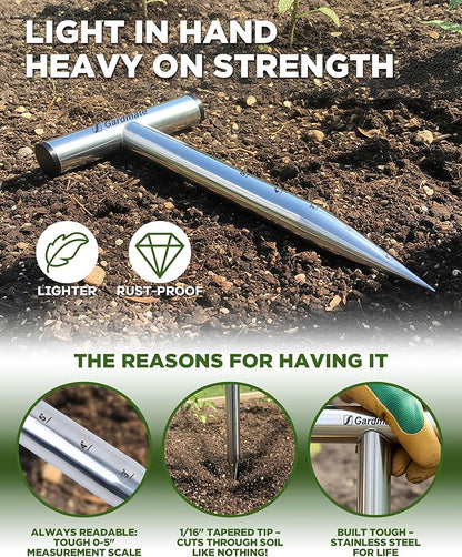 Stainless Steel Hand Dibber with Depth Markings & T-Handle, Rust-Resistant Bulb Planter Tool for Seeds, Seedlings & Bulbs – Ergonomic Design for Garden & Lawn