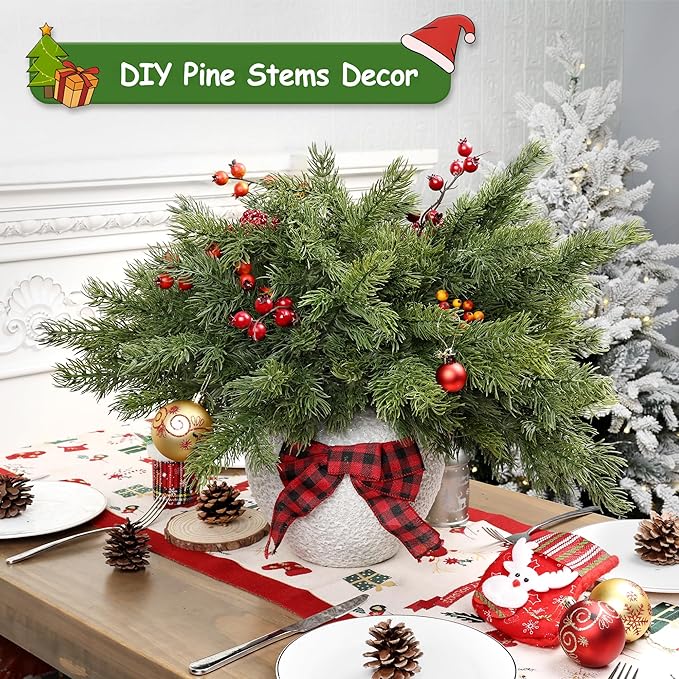 Artgar 6 Pcs Christmas Pine Branches – 18" Realistic Artificial Greenery Pine Stems - Real Touch Faux Cedar Picks for Vase, DIY Garland Wreath Home Indoor Outdoor Xmas Decorations