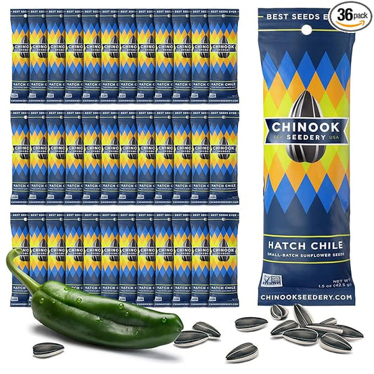 Chinook Seedery Low Sodium Sunflower Seeds – Hatch Chile Flavor, Pack of 36, 1.5oz – Sunflower Seeds to Eat – Keto, Jumbo, Roasted, Baseball Snacks