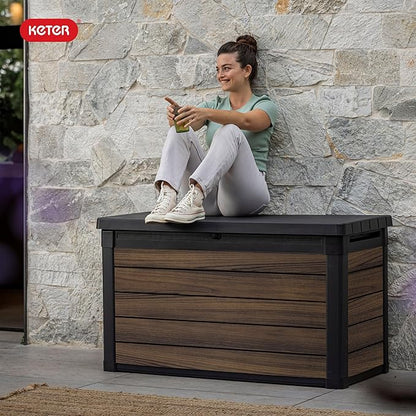 Keter Rosewood 100 Gallon Resin Deck Box Organization and Storage for Patio Furniture Outdoor Cushions, Throw Pillows, Garden Tools and Pool Toys
