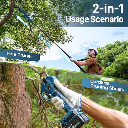 Cordless Electric Pruning Shears with Pole,21V 4000mAh Batteries, 1.6" Cutting Diameter,9.2ft Reach,3 Modes Adjustable,Brushless Motor for Powerful Branch Tree Trimming,Sky Blue