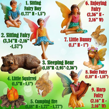 Mood Lab Fairy Garden - Miniature Fairies Figurines Accessories - Camping Kit of 9 pcs - Set for Outdoor or House Decor