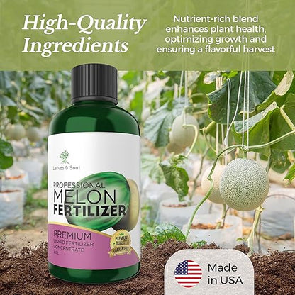 LEAVES AND SOUL Professional Liquid Melon Fertilizer | 5-1-5 Concentrate, Liquid Plant Fertilizer for Garden, Healthy Produce, Good Harvest, Multi-Purpose Blend & Gardening Supplies | 8 oz