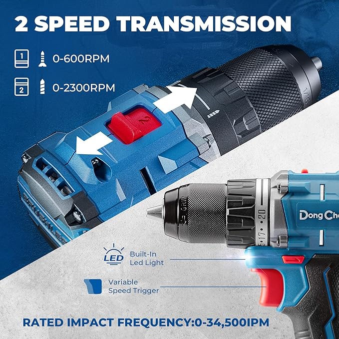 Dong Cheng 20V Brushless Heavy-duty Impact Drill, 531in-lbs, 1/2" Keyless Metal Chuck, 20+1+1 Clutch, Cordless Hammer Drill with 2 * 2.0Ah Battery Kit for Drilling Brick Wall, Metal, Wood