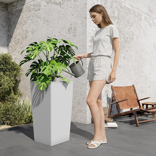 30in Tall Planter, Self Watering Pots for Indoor/Outdoor Plants with Drain Holes, Water Level Monitor, Inner Bucket for Front Porch Patio, White Large(1 Set)