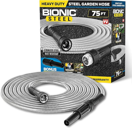 Bionic Steel 75 Ft Garden Hose with Nozzle, Premium 304 Stainless Steel Metal Water Hose 75Ft, Flexible, Rust Proof, Lightweight, Heavy Duty, Crush Resistant Fittings, Easy Coil, 500 PSI, 2025 Model