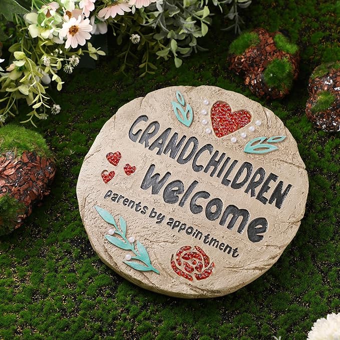 Grandchildren Welcome Stepping Stone - 10 Inch Resin Grandparents Gift, Spring Home Decoration for Lawn