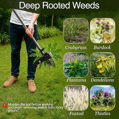 Manual Stand Up Weed Puller Tool with Long Handle | Heavy Duty 4-Claw Steel Head Weeder for Root Removal | Ergonomic Weeding Tool for Dandelion, Lawn, Yard & Garden Maintenance