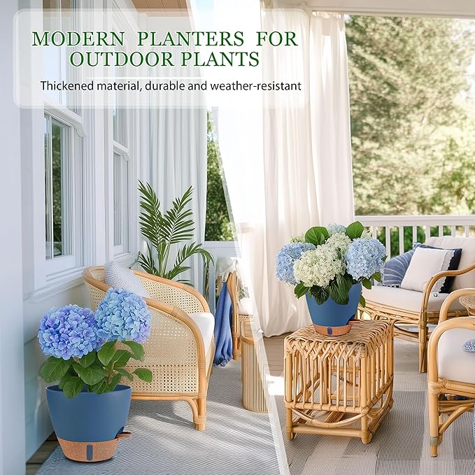 Self Watering Pots for Inoor Ourdoor Plants 10/9/8/7/6.5 Inch Plastic Planters with Drainage Holes & Water Level Indicator, Decorative House Flower Nursery Planting Pots with Saucers (Navy Blue)