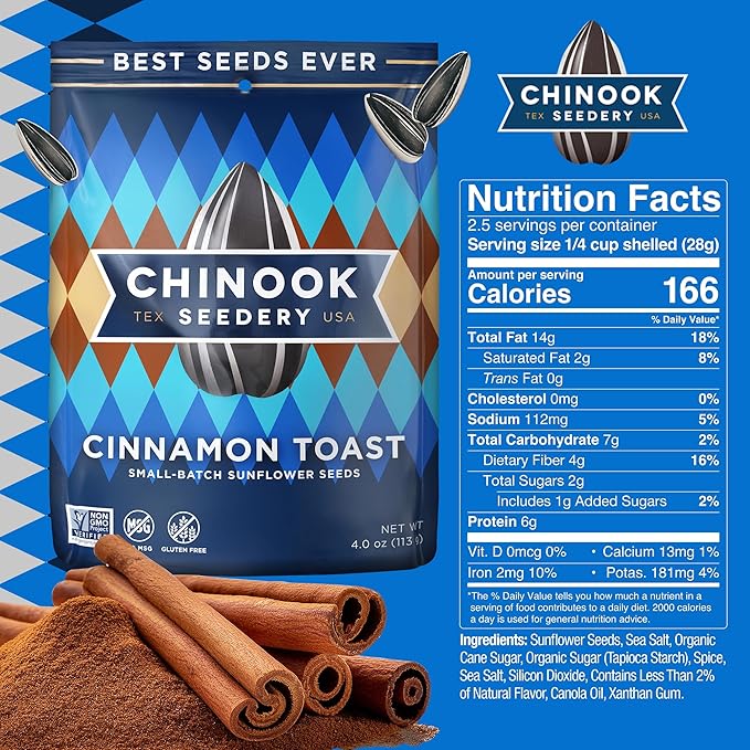 Chinook Seedery Roasted Jumbo Sunflower Seeds - Keto Snacks - Best For Snack Packs - Gluten Free, Non GMO Snack Food Gifts - 4 ounce (Pack of 3) - Cinnamon Toast Flavor