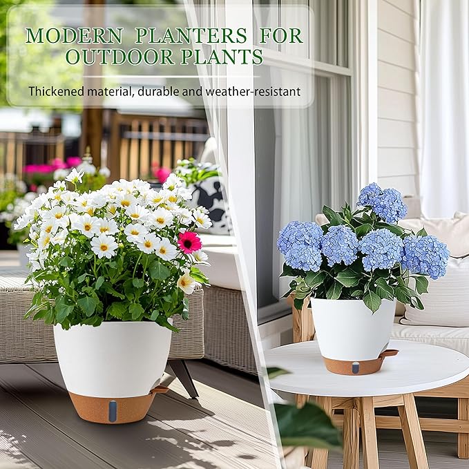 Self Watering Pots for Inoor Ourdoor Plants 10/9/8/7/6.5 Inch Plastic Planters with Drainage Holes & Water Level Indicator, Decorative House Flower Nursery Planting Pots with Saucers ((White)