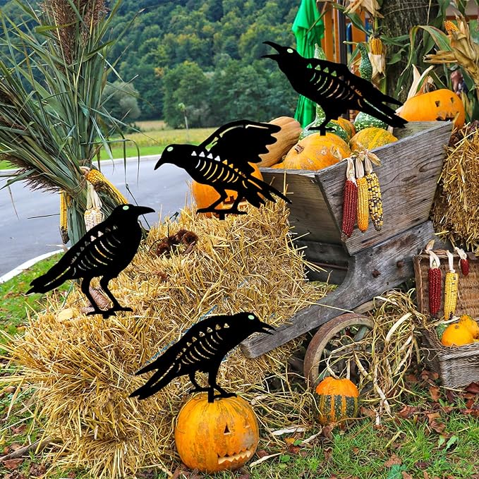 Halloween Black Crow Garden Stake Decor 4 Pack Scary Raven Silhouette Metal Yard Signs with Glow-in-The-Dark Eyes for Outdoor Halloween Decorations (Crow Black)