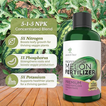 LEAVES AND SOUL Professional Liquid Melon Fertilizer | 5-1-5 Concentrate, Liquid Plant Fertilizer for Garden, Healthy Produce, Good Harvest, Multi-Purpose Blend & Gardening Supplies | 8 oz