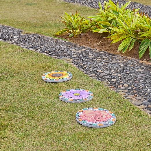 Decorative Sunflower Garden Stepping Stone - Colorful Pebble Border, Garden Stepping Stones Outdoor Yard Decor 10x10x0.75 Inches