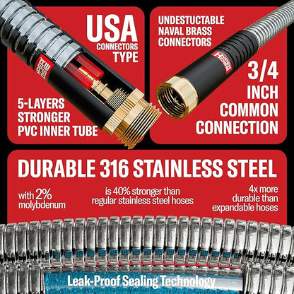 Best 100 ft Metal Garden Hose Set - No-Kink Durable 316 Stainless Steel, 10-Way Zync Spray Nozzle & Hook – Tough Flexible Heavy Duty Water Hoses, Naval Brass, Rust, Weather, LeakProof
