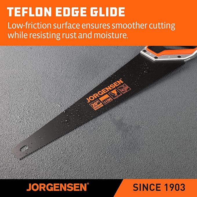JORGENSEN 20 Inch Black Coated Pro Hand Saw, 11 TPI Fine-Cut Ergonomic Non-Slip Aluminum Ultrasonic Welding Handle for Sawing, Trimming, Gardening, Woodworking, Drywall, Plastic Pipes