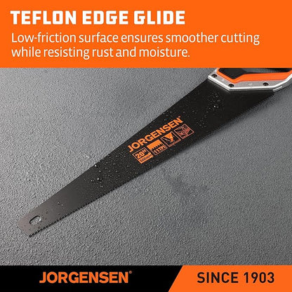 JORGENSEN 20 Inch Black Coated Pro Hand Saw, 11 TPI Fine-Cut Ergonomic Non-Slip Aluminum Ultrasonic Welding Handle for Sawing, Trimming, Gardening, Woodworking, Drywall, Plastic Pipes