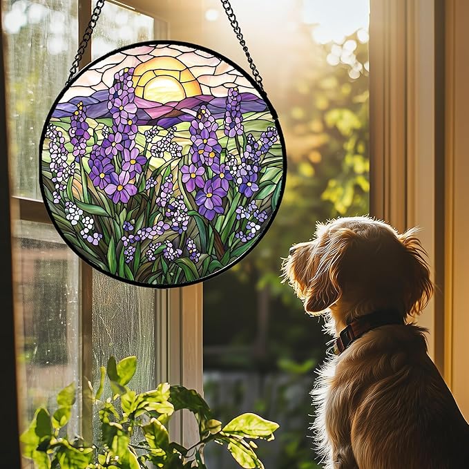 Stained Glass Window Hanging - Purple Lavender Suncatcher for Door Terrace Garden Home Decor Plant Flowers Landscape Sun Catcher Birthday Gifts for Lovers Women Men Dad Mom Nana 15 in