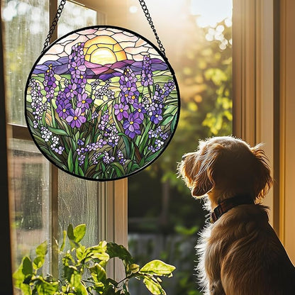 Stained Glass Window Hanging - Purple Lavender Suncatcher for Door Terrace Garden Home Decor Plant Flowers Landscape Sun Catcher Birthday Gifts for Lovers Women Men Dad Mom Nana 15 in